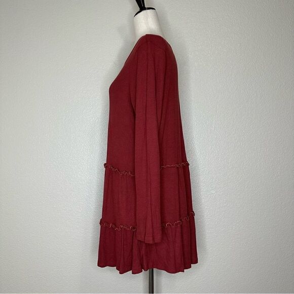 Pink Lily Burgundy Waffle Knit Tiered Ruffle Skirt Long Sleeves Dress - Picture 4 of 11
